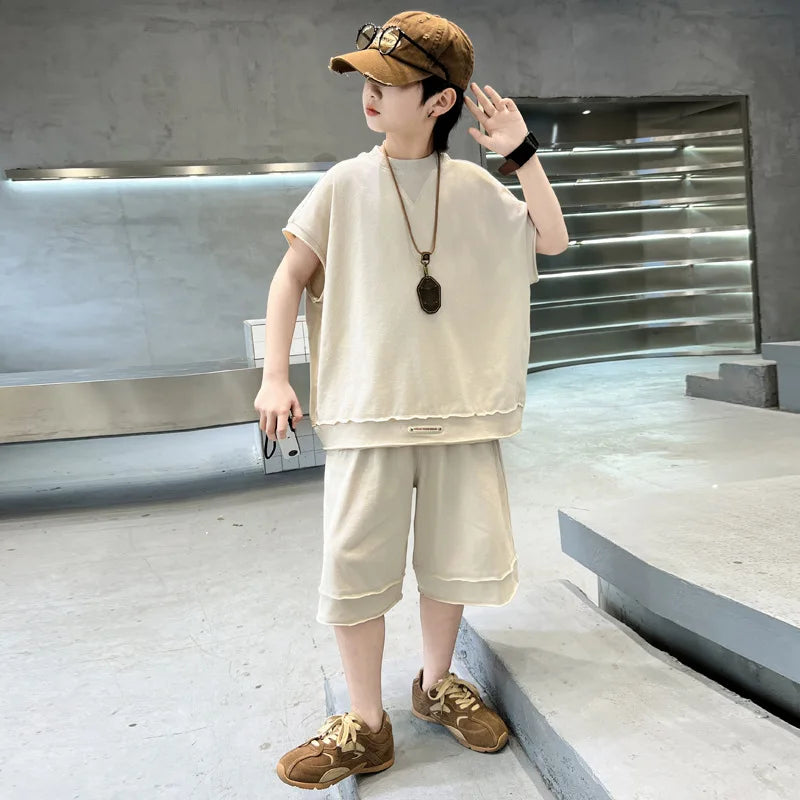 Boys' Summer Outfit Set 2025 New Style Children's Summer Short Sleeved Sportswear Vest Fashionable Boys' Thin Design