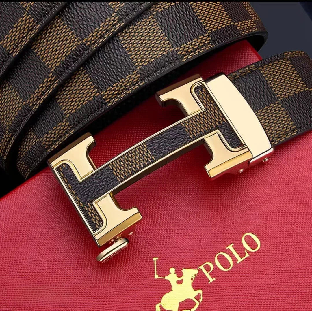 Check Pattern Leather Belt Automatic Buckle Young Fashion Casual Belt Trendy Ins Top Grain Cowhide High End Business