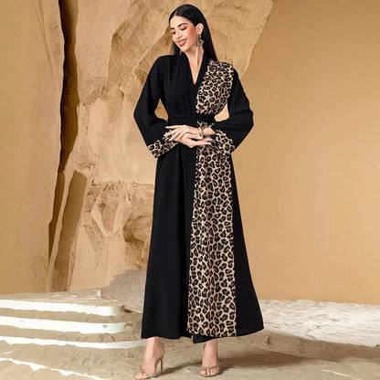 Women's Leopard Spliced V-neck Long Sleeve Ankle Length Cardigans with Sashes Middle East Female Plus Size Clothes Abaya Dress