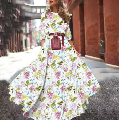 Spring Summer Vintage Flower Floral Print Maxi Dress Office Lady Fashion Elegant Long Sleeve O-neck Dresses For Women 2024