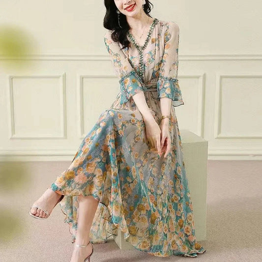 High End Silk Chiffon Dress 2025 Summer Loose Temperament Socialite French Waist Cinched Floral Seven Quarter Sleeve Long Skirt