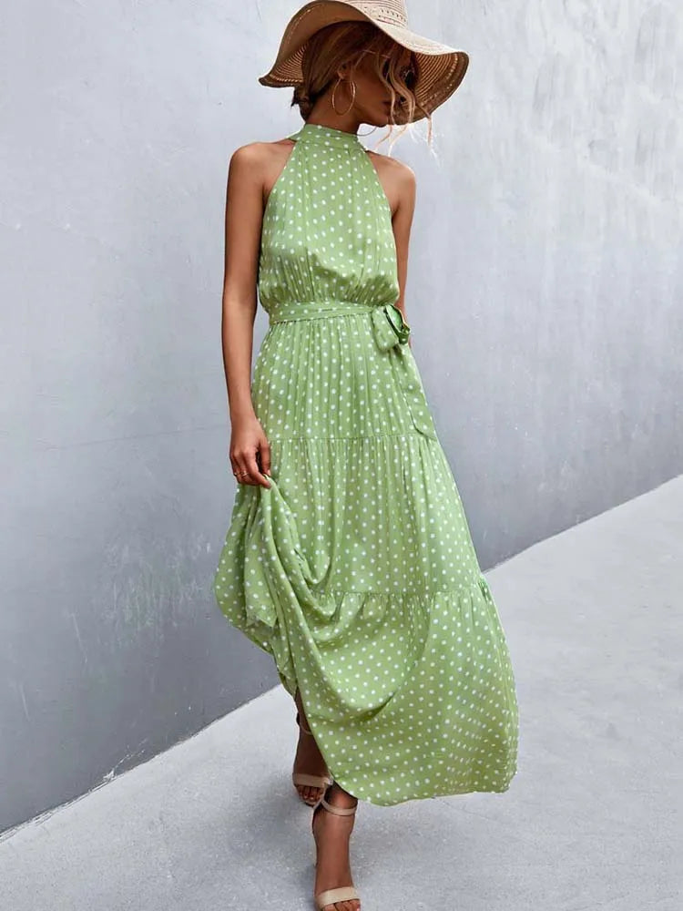 Boho Long Dress Women Flower Print Retro Party Dresses Female Shoulderless Lace Up Sleeveless Halter Summer Vintage Maxi Dress