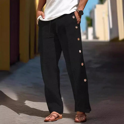 Men Casual Pants Loose Side Pockets Drawstring Elastic Waist Side Button Closure Quick-drying Beach Sweatpants Long Trousers