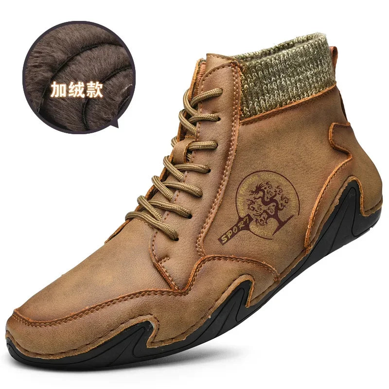 Winter Leather Men Boots with Fur Warm Snow Boots Men Comfort Casual Shoes Sneakers High Top Western Ankle Boots Waterproof