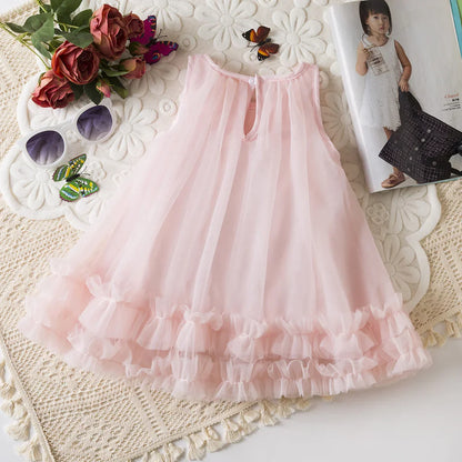 Girl Party Dress Summer New Sleeveless Solid Color Baby Girl Clothing Mesh Pleated Edges 3d Flowers Girl Costume