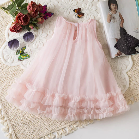 Girl Party Dress Summer New Sleeveless Solid Color Baby Girl Clothing Mesh Pleated Edges 3d Flowers Girl Costume