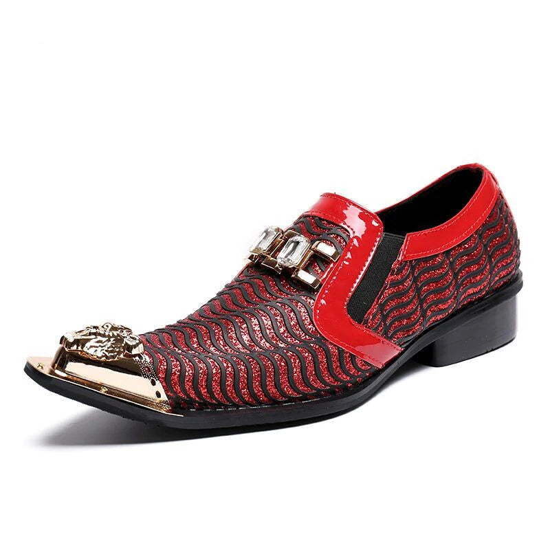 Men's Red Textured Leather Pointed Toe Buckle Dress Shoes Fashion Party Shoes Wedding Stage Formal Designer Footwear