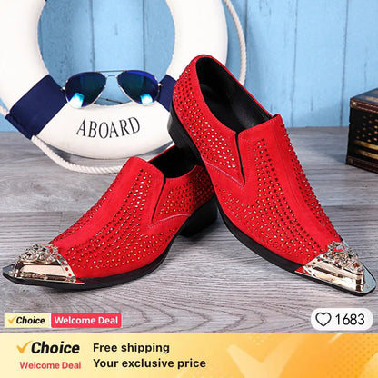 luxury mens shoes Stick diamond red  metal pointed party wedding Dress shoes man