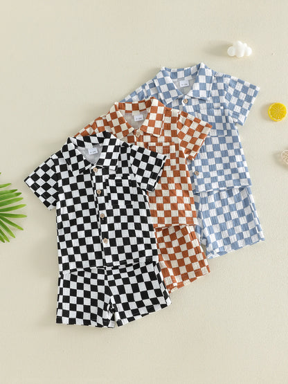 Toddler Baby Boys Summer Outfit Fashionable Plaid Short Sleeve Lapel Shirt with Shorts 2Pcs Set