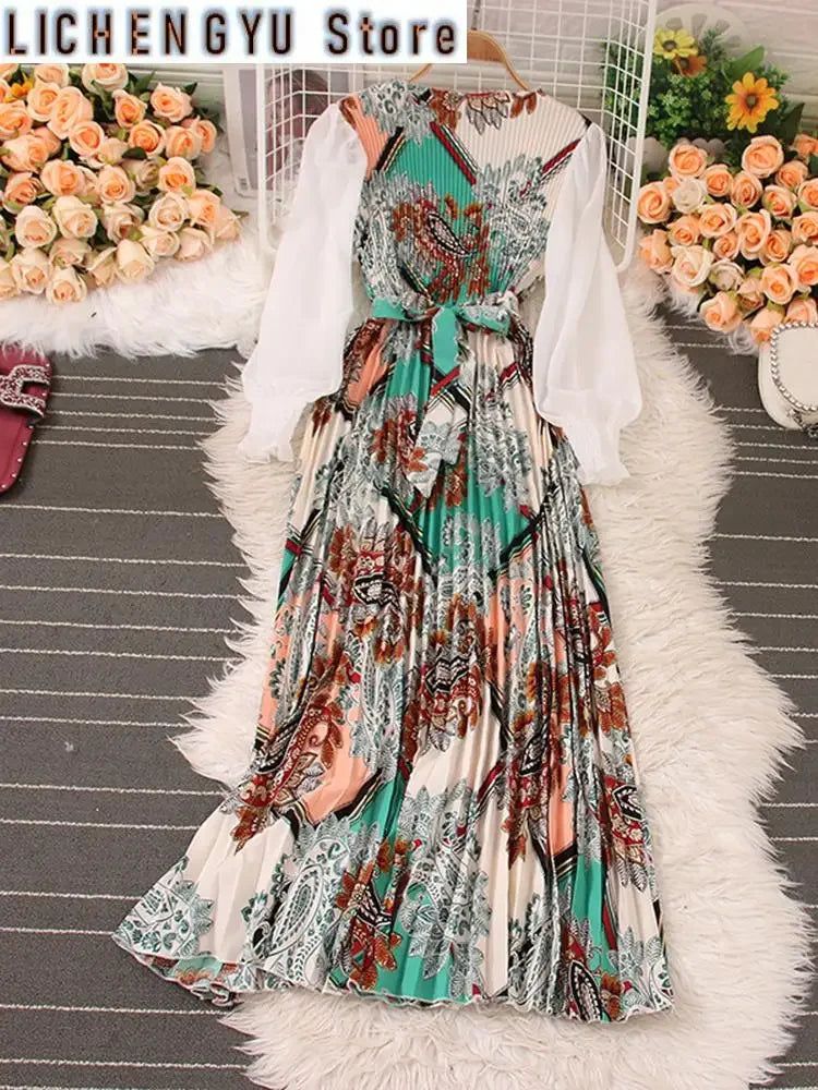 Sweet Style Long Dresse For Women Print Patchwork Pleated Long-sleeve High Waist Dresses Spring Summer New