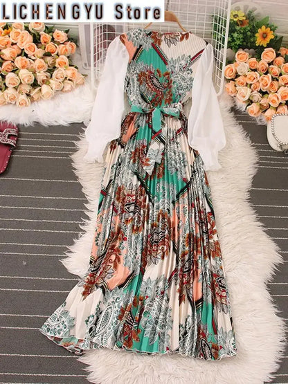 Sweet Style Long Dresse For Women Print Patchwork Pleated Long-sleeve High Waist Dresses Spring Summer New