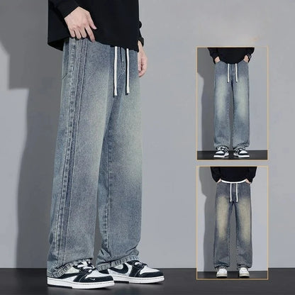 Elastic Loose Straight Jeans Men's Wide Legged Denim Pants Casual Trousers Korean Style Sportswear Clothing Jeans Men Pants