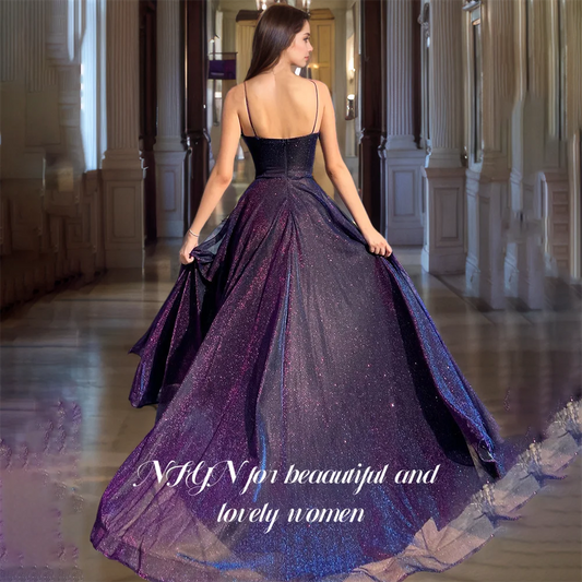 NFYN Purple A-LINE Formal Prom Gown Sequin Sweetheart Women's Evening Dresses Spaghetti Strap Pleat Celebrity Dresses Customized