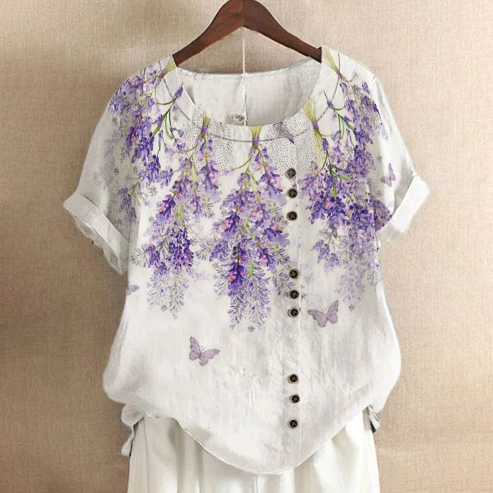 2026 New Women's Casual Blouse Loose Fit Crew Neck Short Sleeve Floral Print Top for Office Dating Daily Wear