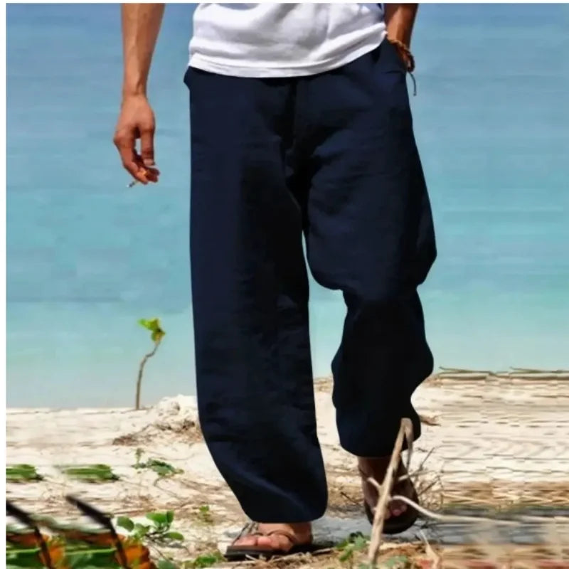 2025 New Straight Casual Cotton Linen Pants Men Wide Leg Lightweight Baggy Cotton Sweatpants Male Walking Jogger Trousers Work