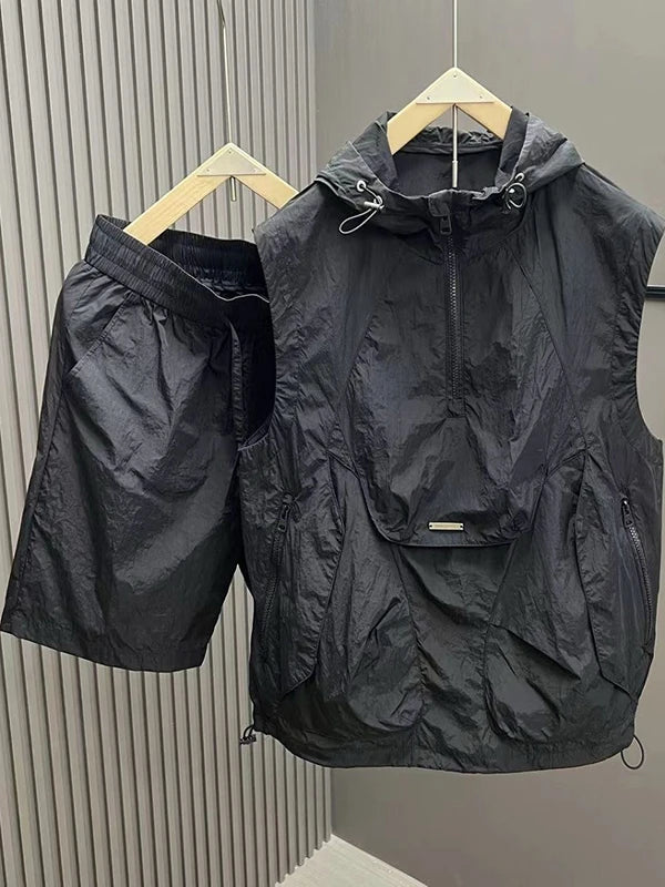 Men's Casual Lightweight Vest orts Two-Piece Set Summer Hat Faion Sun Protection Polyester Fiber Thin Sle Commuting