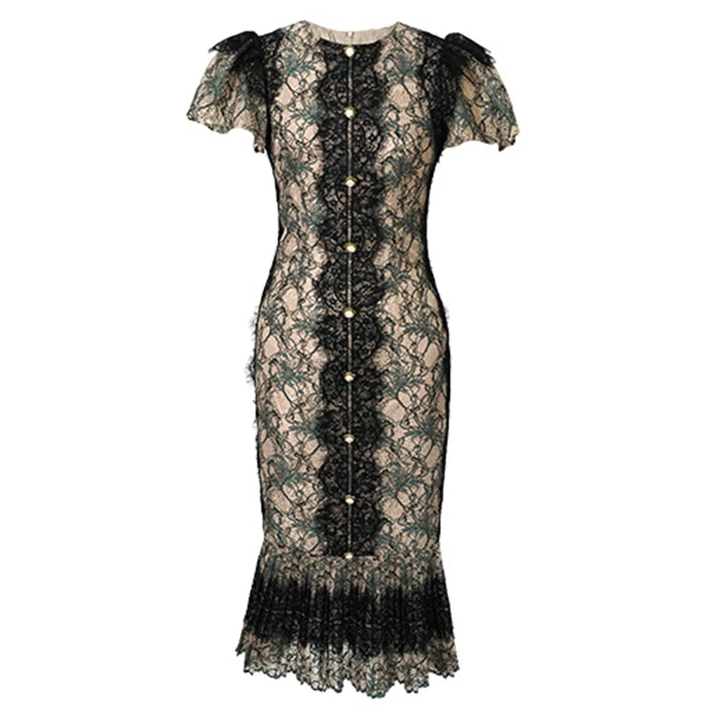 Elegant Birthday Party Dresses Women's Retro Lace Bubble Sleeve Single Breasted Pleated Skinny Fishtail Robe  Runway Vestido