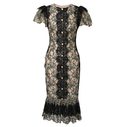 Elegant Birthday Party Dresses Women's Retro Lace Bubble Sleeve Single Breasted Pleated Skinny Fishtail Robe  Runway Vestido