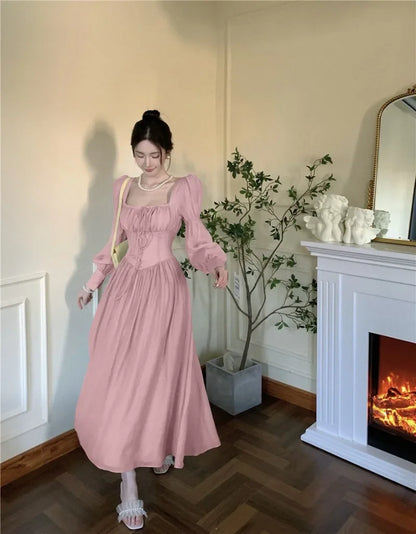 Elegant Princess Party Dress Women High Waist A-line Lace Up Autumn Spring French Vintage Prom Robe Fairy Vestidos Mujer Платье