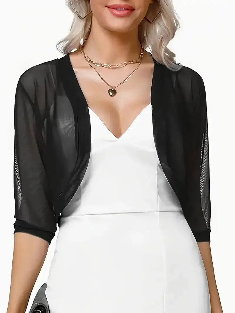 Vintage 3/4 Sleeve Mesh Shrug Bolero Cardigan Slim Cropped Tops Chiffon Ladies Black Jacket Spring Coat Casual Women Clothes