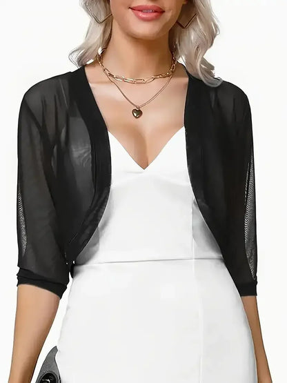 Vintage 3/4 Sleeve Mesh Shrug Bolero Cardigan Slim Cropped Tops Chiffon Ladies Black Jacket Spring Coat Casual Women Clothes