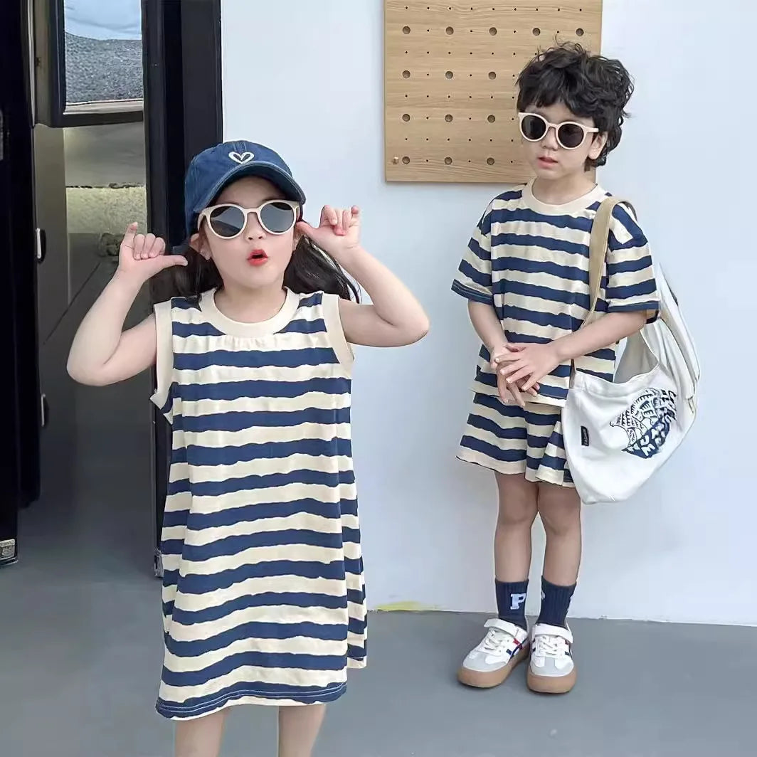 Summer New Sister And Brother Set Girls Striped Sleeveless Dress Fashion Boys Short Sleeve Two Piece Set