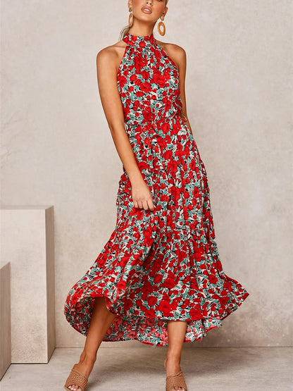 Boho Long Dress Women Flower Print Retro Party Dresses Female Shoulderless Lace Up Sleeveless Halter Summer Vintage Maxi Dress
