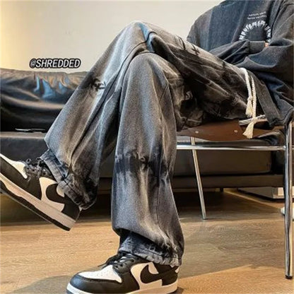 2026 New Tie Dye Retro Drawstring Jeans For Men Baggy High Street Straight Pants Hip Hop Fashion Casual y2k jean hombre pantalon