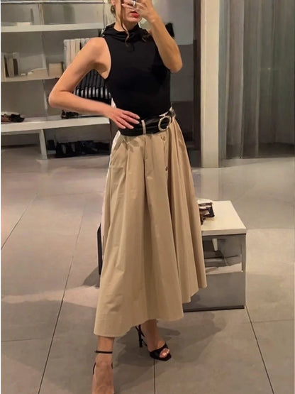 Women's New Fashion With Belt Slim Single breasted Splicing Stand Collar Midi Dress Retro Sleeveless Women's Dress