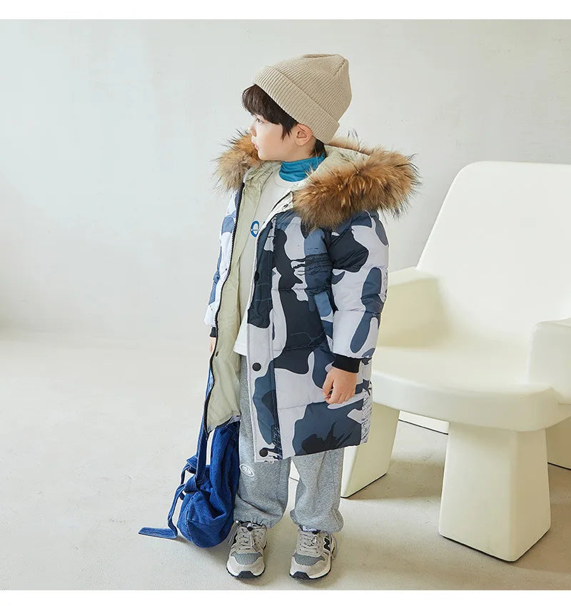 Winter Girls Down Jacket Keep Warm Fur Collar Fashion Little Princess Coat Hooded Boys Long Parkas Outerwear Children Clothing