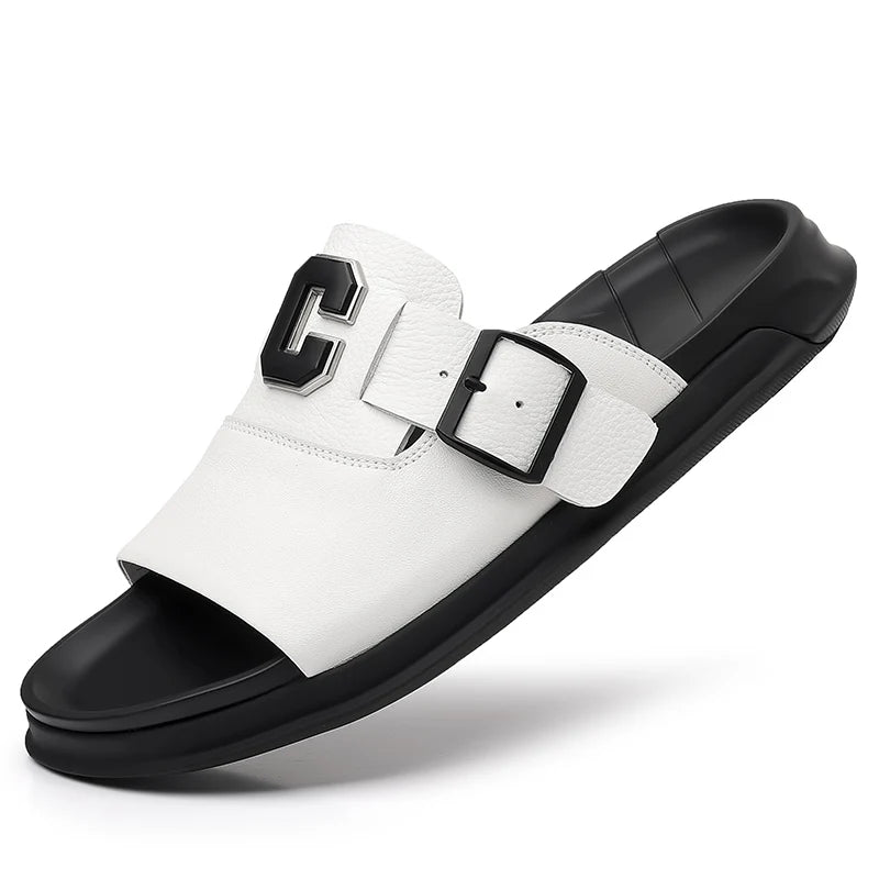 Men's Genuine Leather Non-Slip Breathable Slippers  Male Simple Soft-Soled Beach Shoes Outdoor Comfortable Walking Roman Sandals