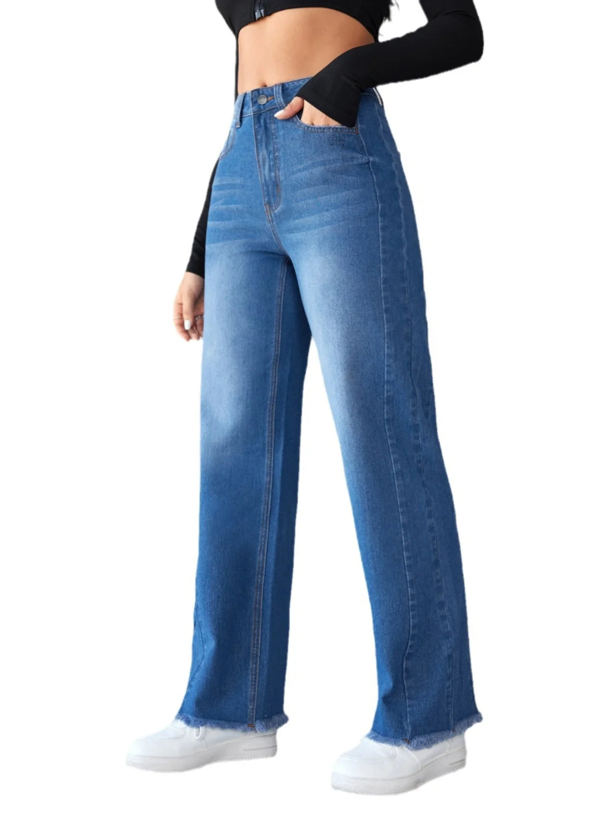 Street Sle High Waist Wide Leg Straight Jeans Women's No Stretch Denim Pants Casual Faion Pure Color Long Trousers