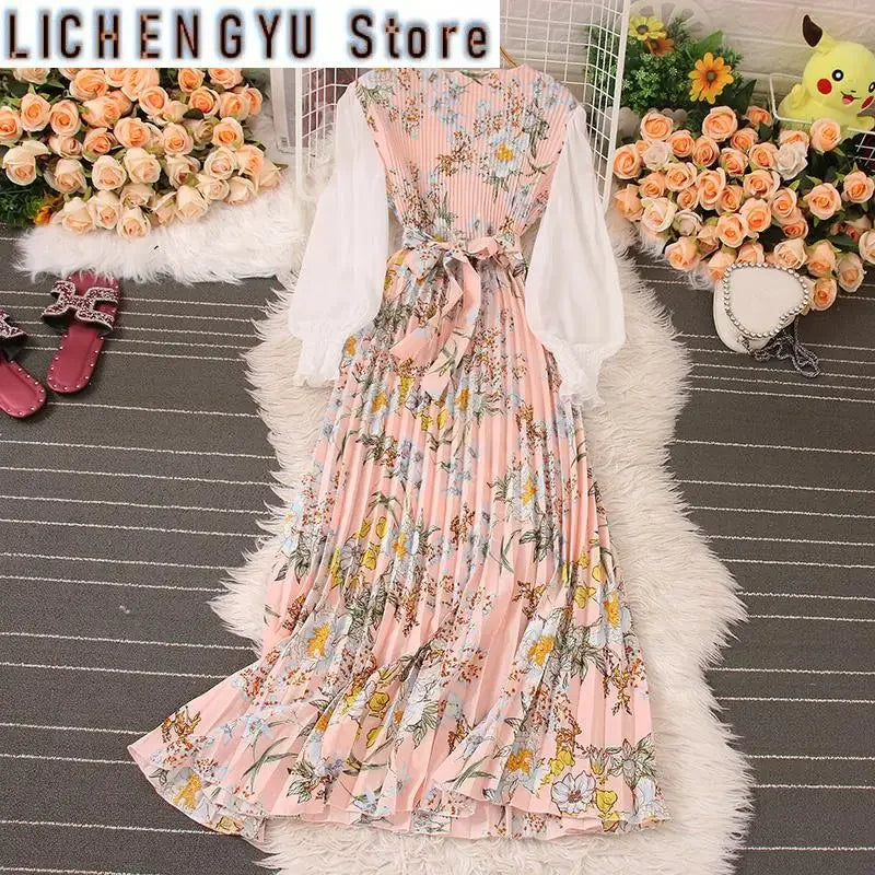 Sweet Style Long Dresse For Women Print Patchwork Pleated Long-sleeve High Waist Dresses Spring Summer New