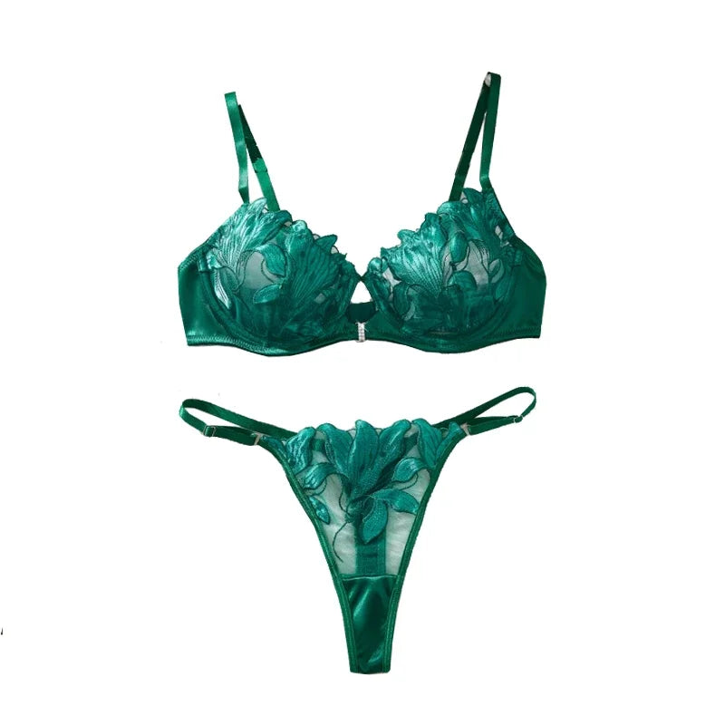 Sexy Lingerie Set Women Transparent Bralette Underwire 2 Piece Bra Floral Embroidery Push Up Bra Panty and Panty Set Underwear