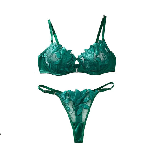 Sexy Lingerie Set Women Transparent Bralette Underwire 2 Piece Bra Floral Embroidery Push Up Bra Panty and Panty Set Underwear