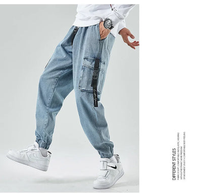 Men Joggers Cargo Denim Pants Baggy Harem Japanese Streetwear Styke Male Ankle Harajuku Casual Hip Hop Jeans Trousers Men