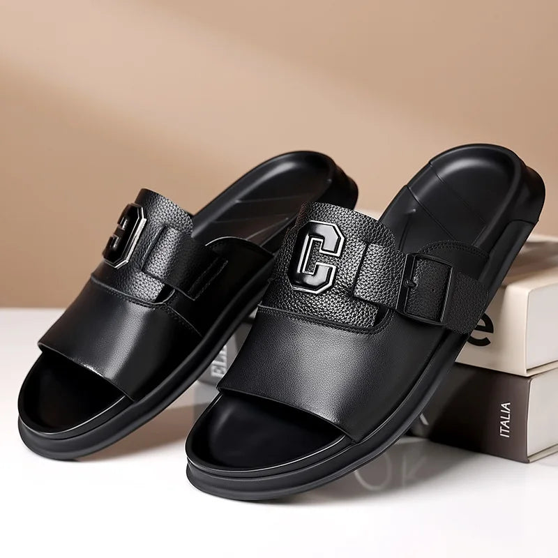 Men Outwear Genuine Leather Slippers for Men Fashion Buckle Designer Summer Flip-flops Male Casual Non-slip Beach Shoes Man