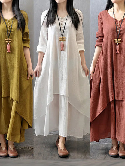 Loose Long Sve Cotton Linen Skirt Women's Artistic Sle Loose Fit Maxi Skirt Summer Casual V-ne A-line Dr