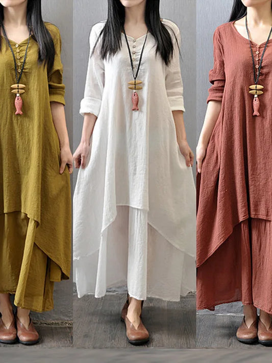 Loose Long Sve Cotton Linen Skirt Women's Artistic Sle Loose Fit Maxi Skirt Summer Casual V-ne A-line Dr