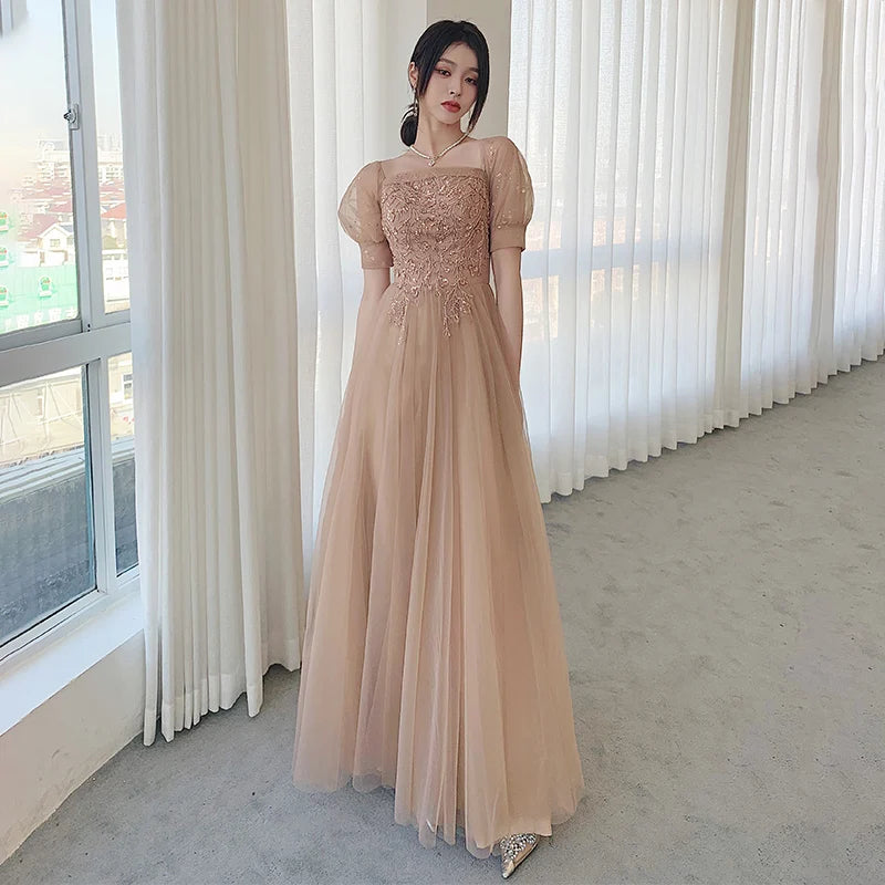 Champagne Color Maids Dr Long Sve Women's Sle Summer New Faion Simple Ele Long Silhouette Sister's up Gown