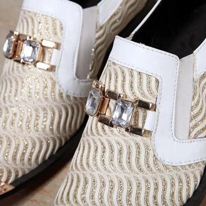 White Golden Breathable Pointy Shoes Men for Ktv Bars Leather Shoes British Men's Performance Shoes Personalized Fashion Loafers