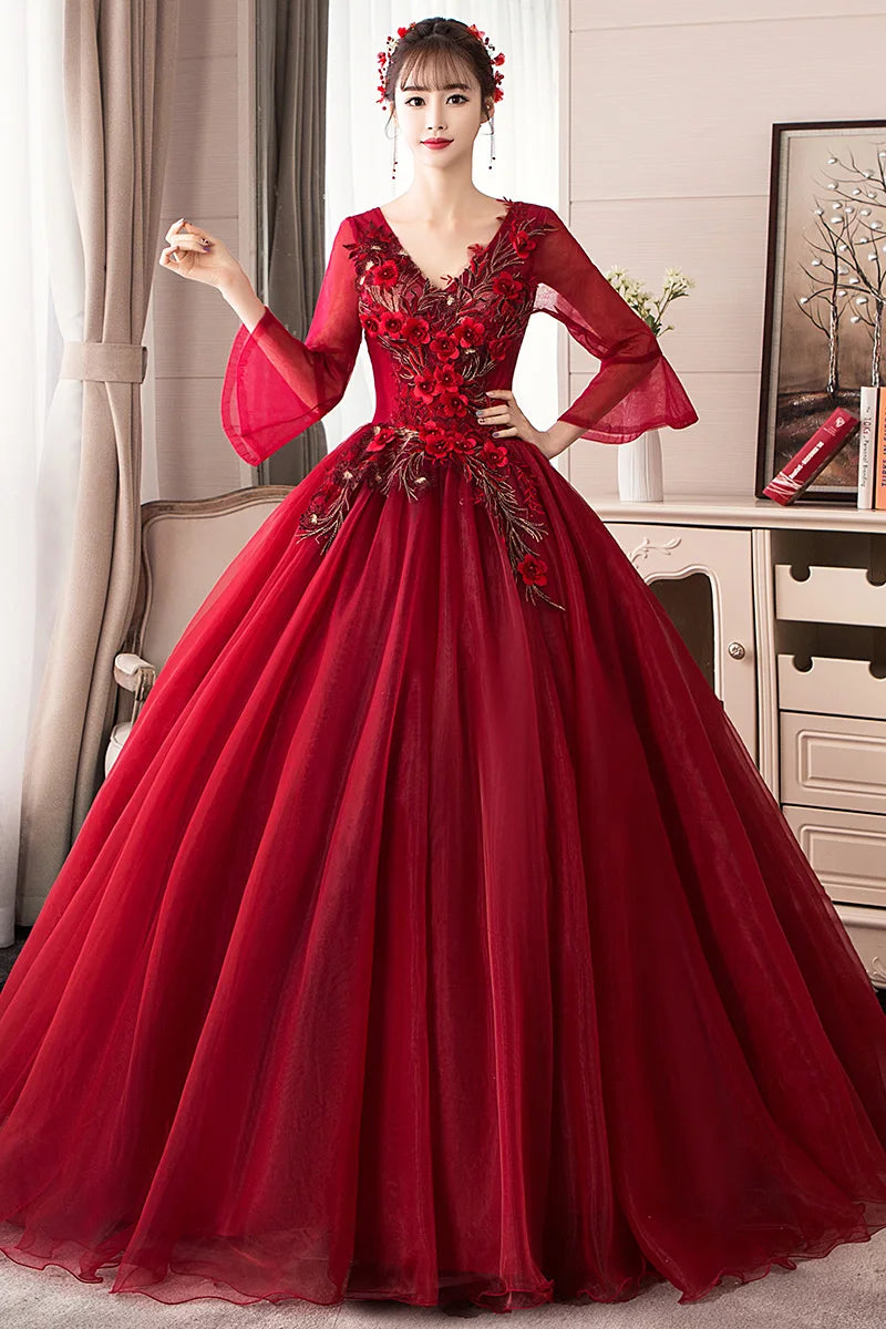 Wine long sweat half sleeve lady girl women princess bridesmaid banquet party ball prom dress gown