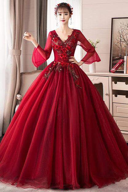 Wine long sweat half sleeve lady girl women princess bridesmaid banquet party ball prom dress gown