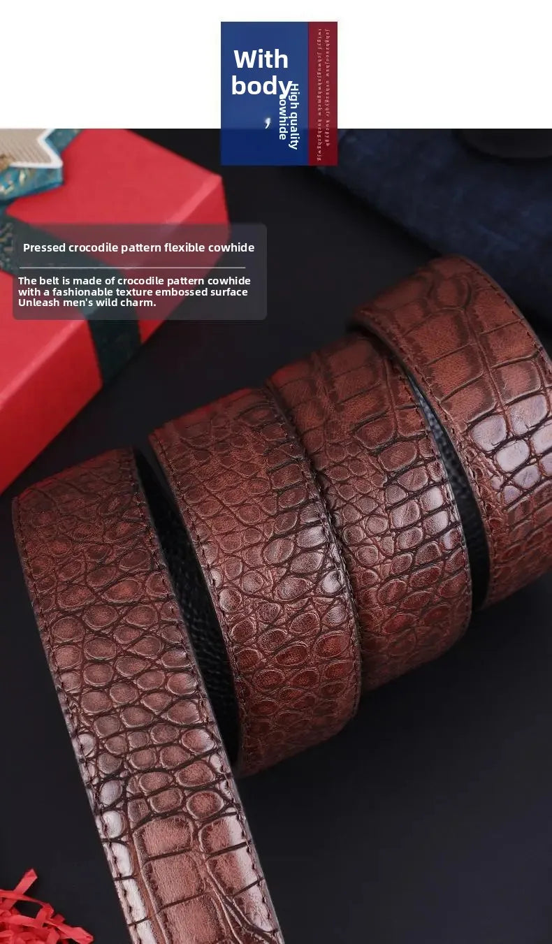Genuine Leather Belt for Men Automatic Buckle Crocodile Pattern Calfskin Business Fashion Mid-aged And Young Waist Belt
