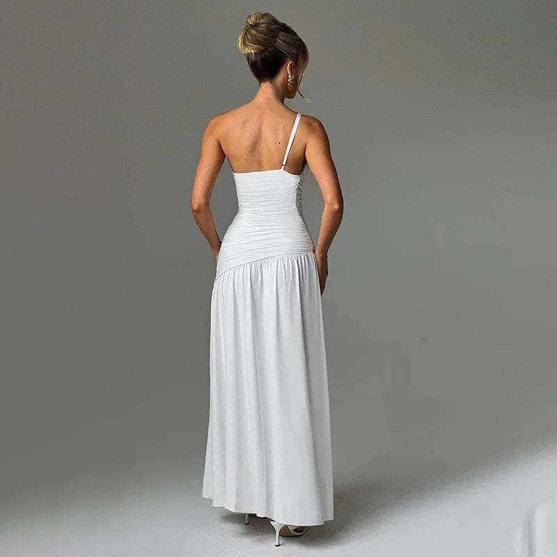 Summer 2025 New Slim-fitting Long Dress, Suspender, Slanted Shoulder, Pleated Split Fork A Pendulum Dress for Women