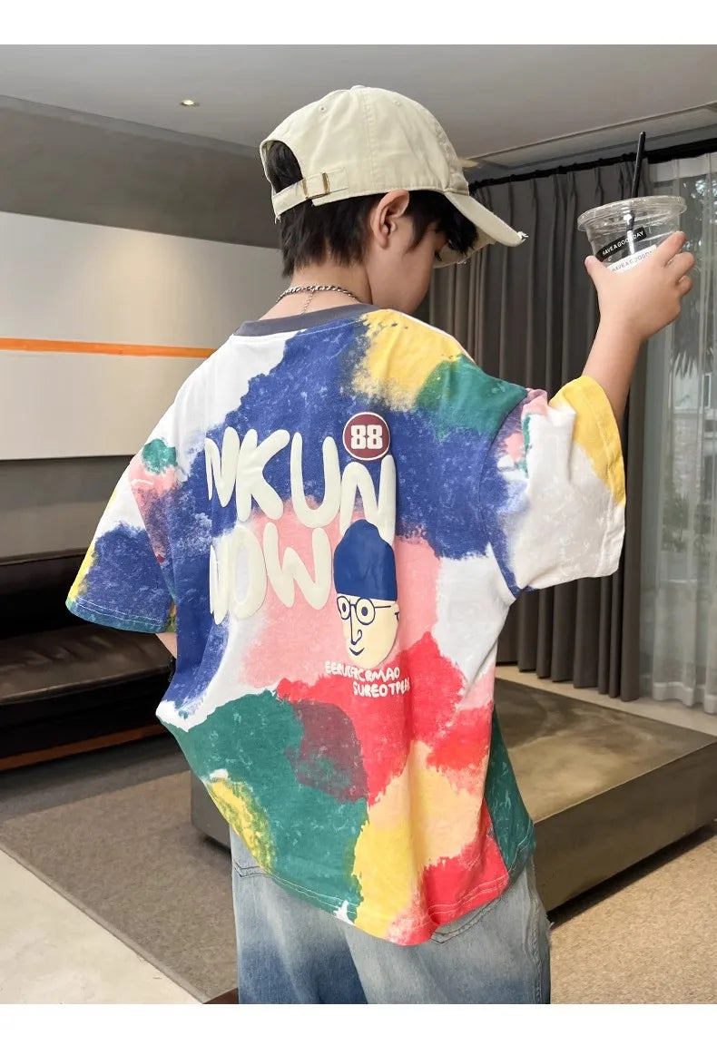 Summer Boys T-shirt High Quality Sweat Wicking Breathable Top Digital Spray Printed Children's Clothing High Street Kids Clothes