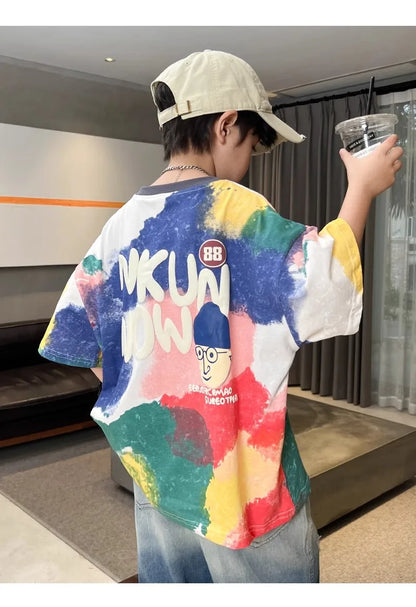 Summer Boys T-shirt High Quality Sweat Wicking Breathable Top Digital Spray Printed Children's Clothing High Street Kids Clothes