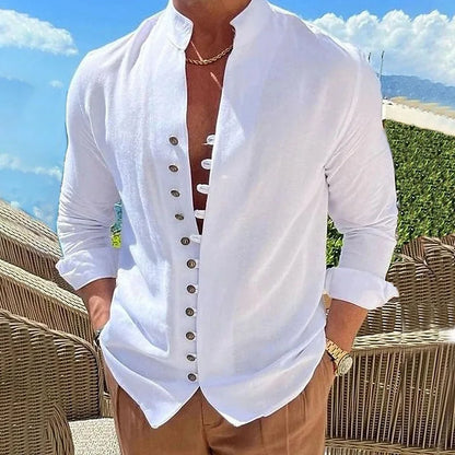 2023 New Men's Cotton Hemp Casual Loose Long Sve irt Pure Color Stand Collar Summer Faion Comfortable Clothing