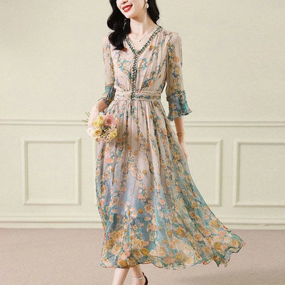 High End Silk Chiffon Dress 2025 Summer Loose Temperament Socialite French Waist Cinched Floral Seven Quarter Sleeve Long Skirt