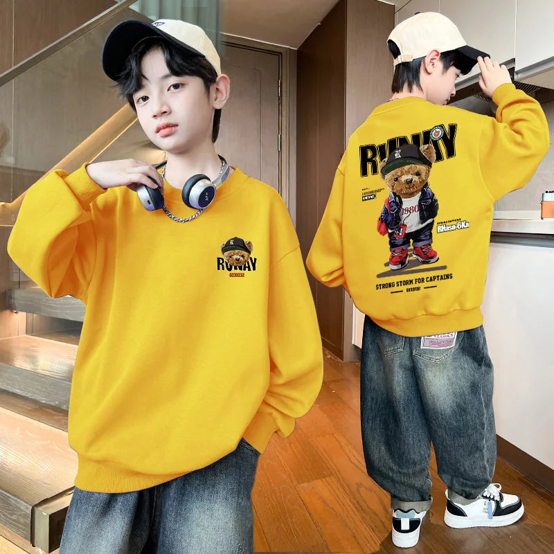 Boys Cartoon Bear Sweatshirts Loose Sports Round Neck Tops New Spring Autumn Clothing Toddler Trendy Printed Long-sleeved Hoodie